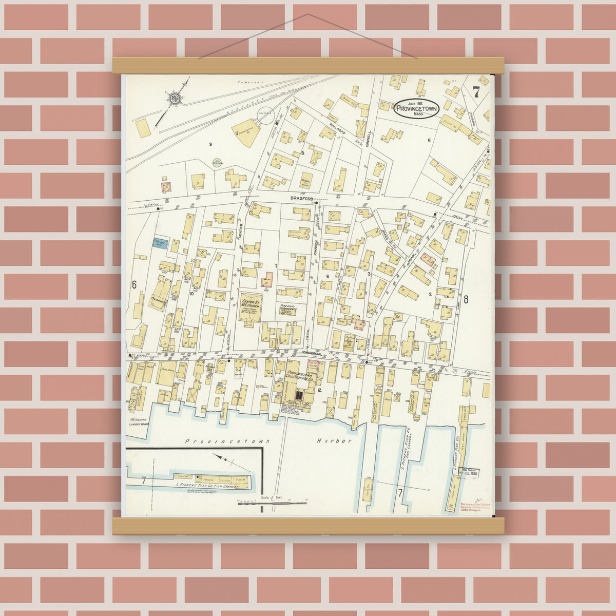 Old map wall art mockup — magnetic wood frame on brick wall — Sanborn Fire Insurance Map from Provincetown, Barnstable County, Massachusetts (1912), Sheet #0007