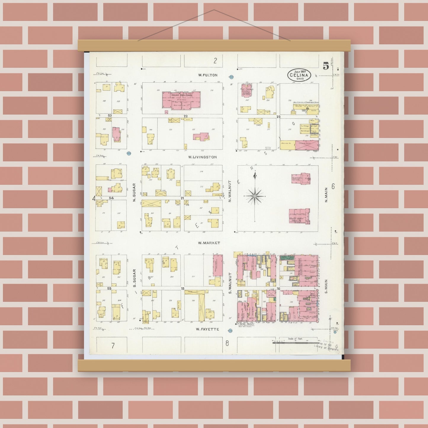 Old map wall art mockup — magnetic wood frame on brick wall — Sanborn Fire Insurance Map from Celina, Mercer County, Ohio (1907), Sheet #0005