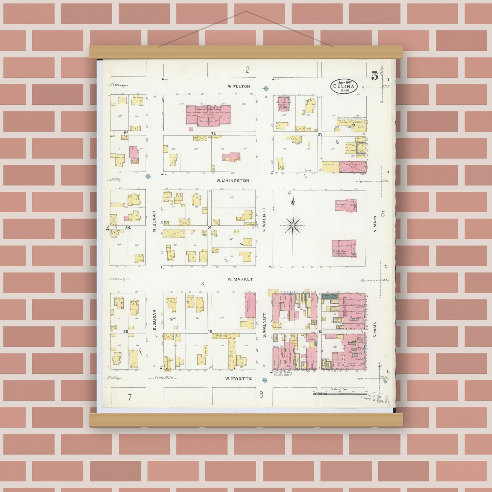Old map wall art mockup — magnetic wood frame on brick wall — Sanborn Fire Insurance Map from Celina, Mercer County, Ohio (1907), Sheet #0005