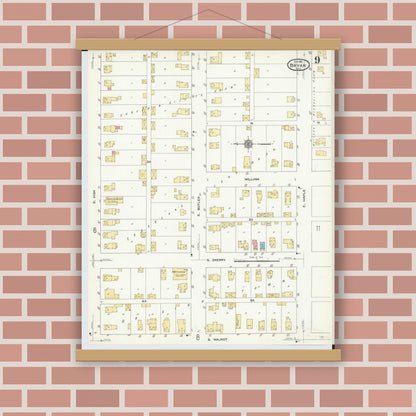 Old map wall art mockup — magnetic wood frame on brick wall — Sanborn Fire Insurance Map from Bryan, Williams County, Ohio (1911), Sheet #0009