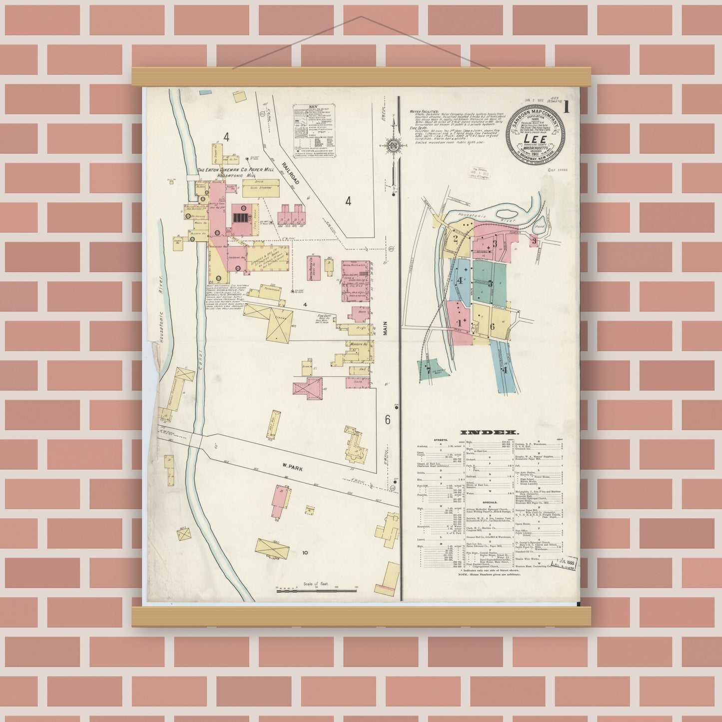Old map wall art mockup — magnetic wood frame on brick wall — Sanborn Fire Insurance Map from Lee, Berkshire County, Massachusetts (1911) - Complete Map Set