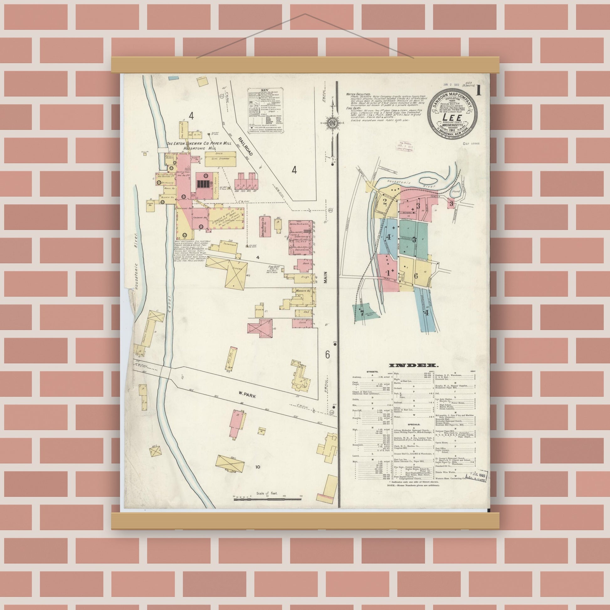 Old map wall art mockup — magnetic wood frame on brick wall — Sanborn Fire Insurance Map from Lee, Berkshire County, Massachusetts (1911) - Complete Map Set