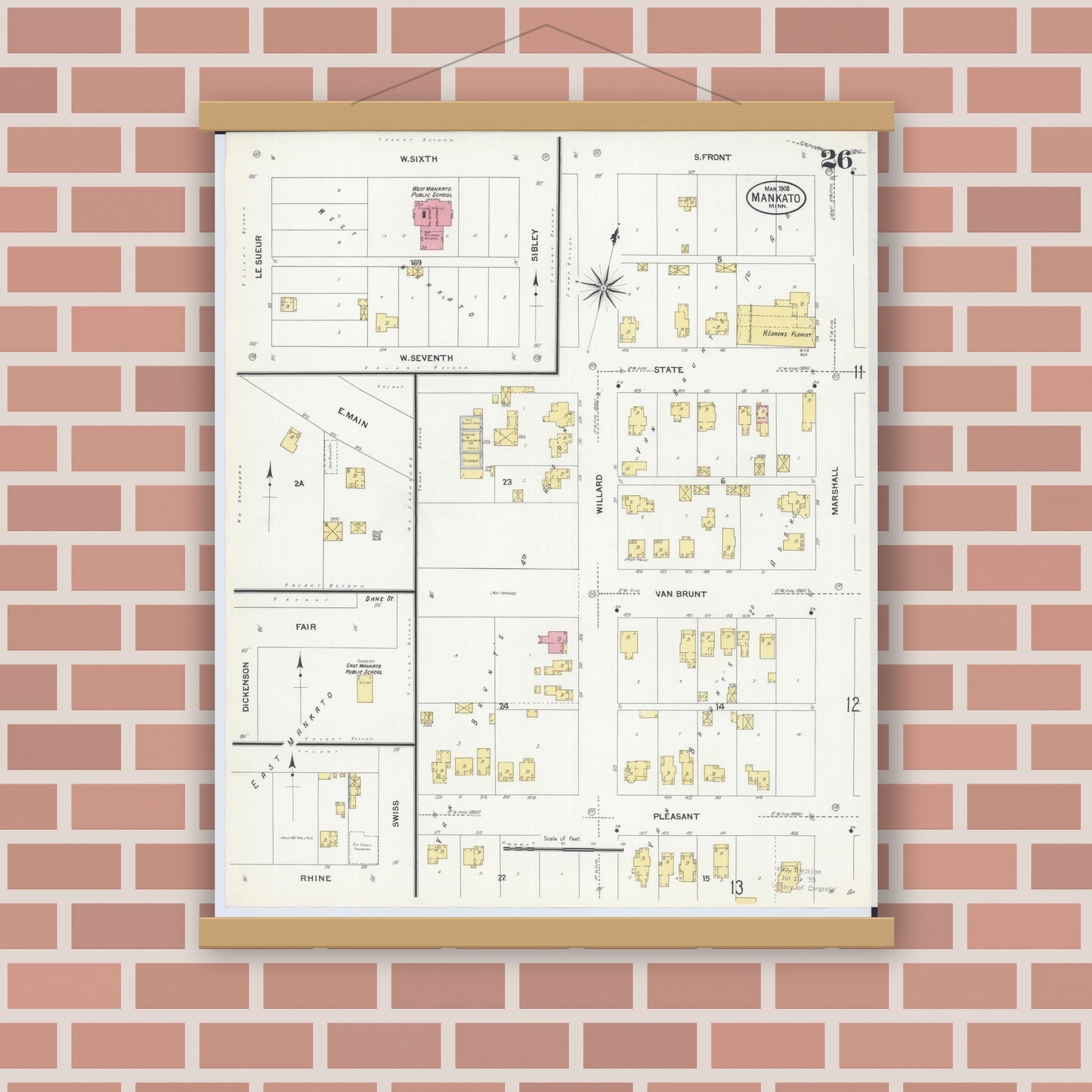 Old map wall art mockup — magnetic wood frame on brick wall — Sanborn Fire Insurance Map from Mankato, Blue Earth County, Minnesota (1908), Sheet #0026