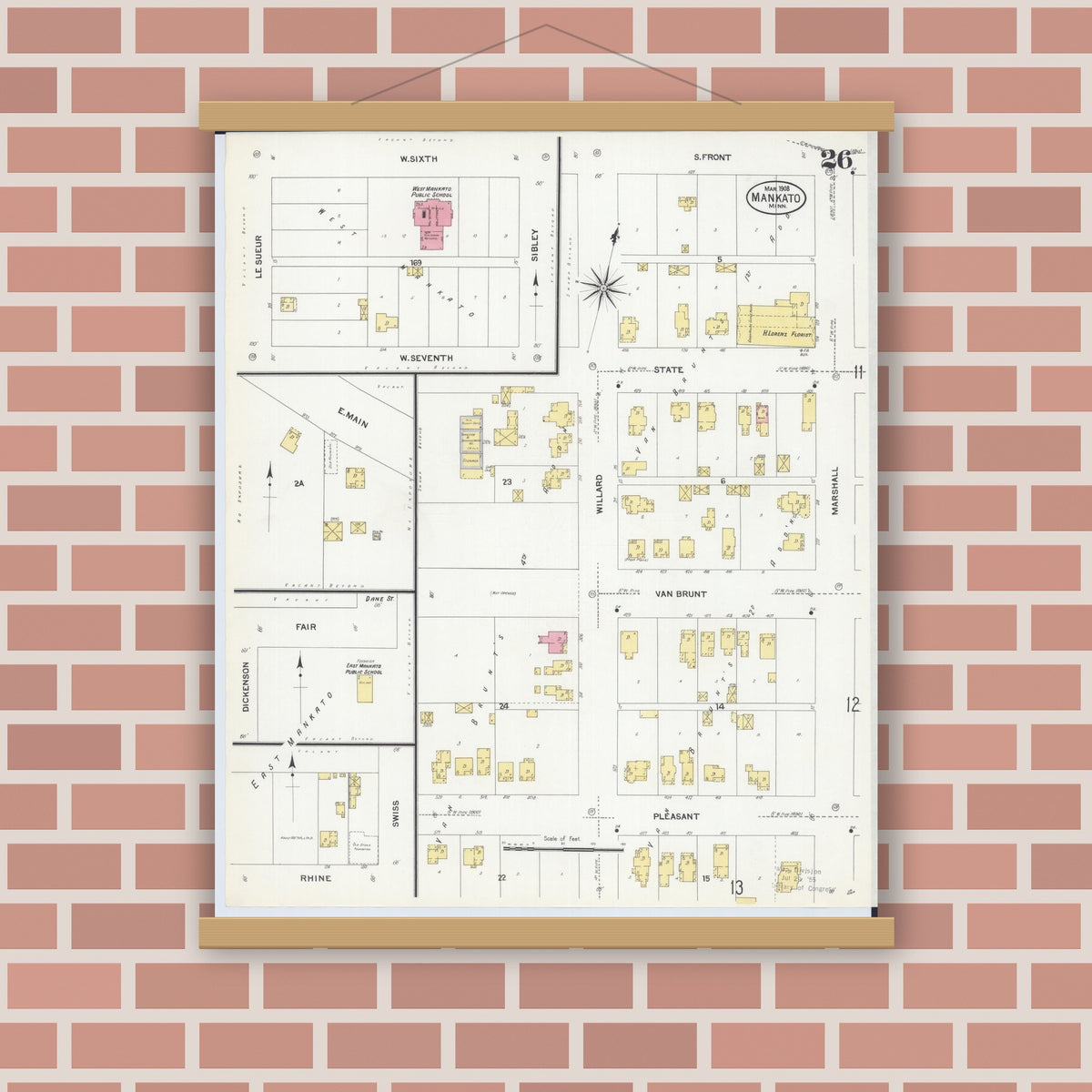 Old map wall art mockup — magnetic wood frame on brick wall — Sanborn Fire Insurance Map from Mankato, Blue Earth County, Minnesota (1908), Sheet #0026
