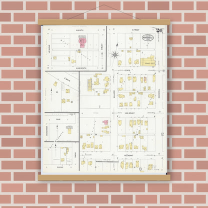 Old map wall art mockup — magnetic wood frame on brick wall — Sanborn Fire Insurance Map from Mankato, Blue Earth County, Minnesota (1908), Sheet #0026