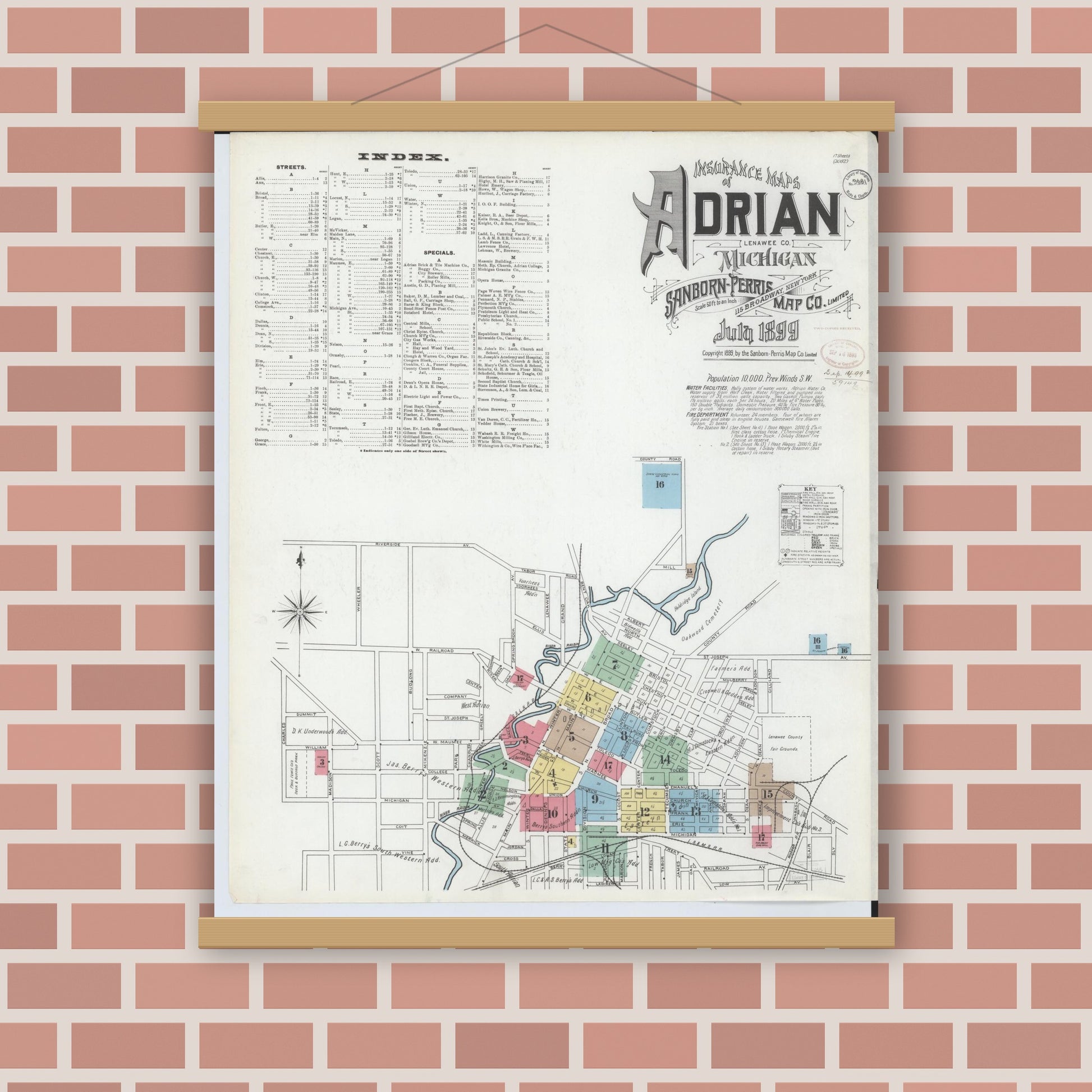 Old map wall art mockup — magnetic wood frame on brick wall — Sanborn Fire Insurance Map from Adrian, Lenawee County, Michigan (1899) - Complete Map Set