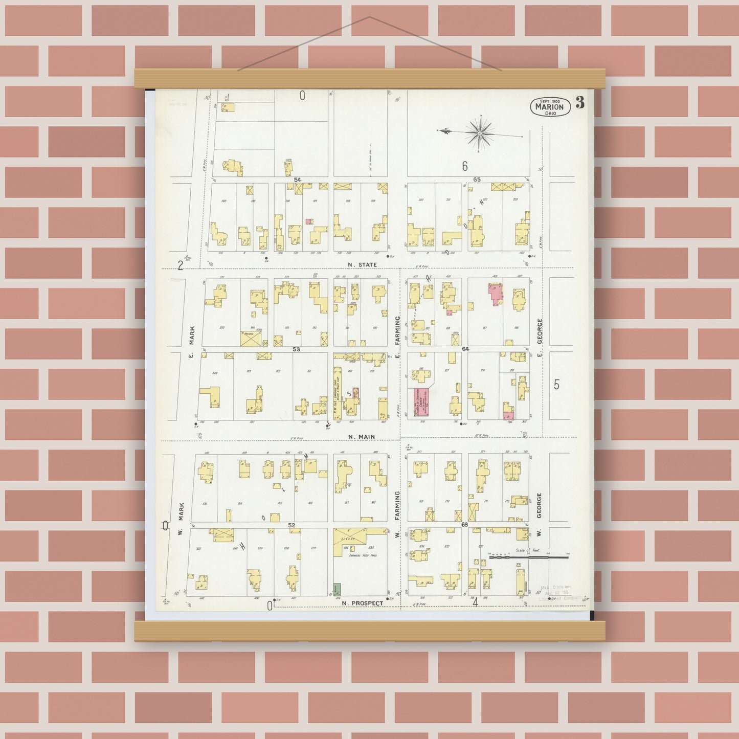 Old map wall art mockup — magnetic wood frame on brick wall — Sanborn Fire Insurance Map from Marion, Marion County, Ohio (1900), Sheet #0003