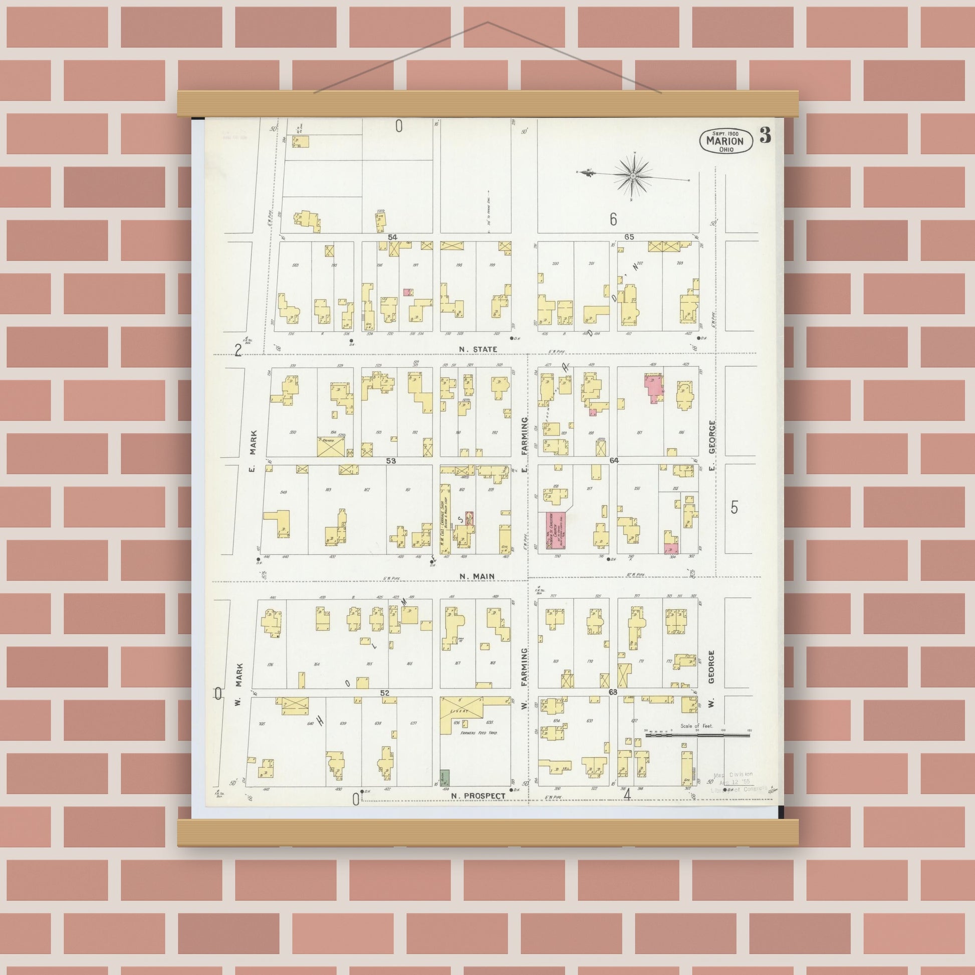 Old map wall art mockup — magnetic wood frame on brick wall — Sanborn Fire Insurance Map from Marion, Marion County, Ohio (1900), Sheet #0003