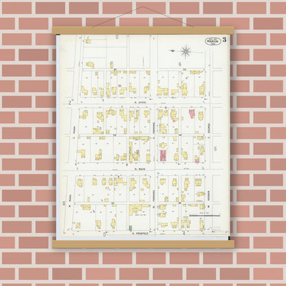 Old map wall art mockup — magnetic wood frame on brick wall — Sanborn Fire Insurance Map from Marion, Marion County, Ohio (1900), Sheet #0003