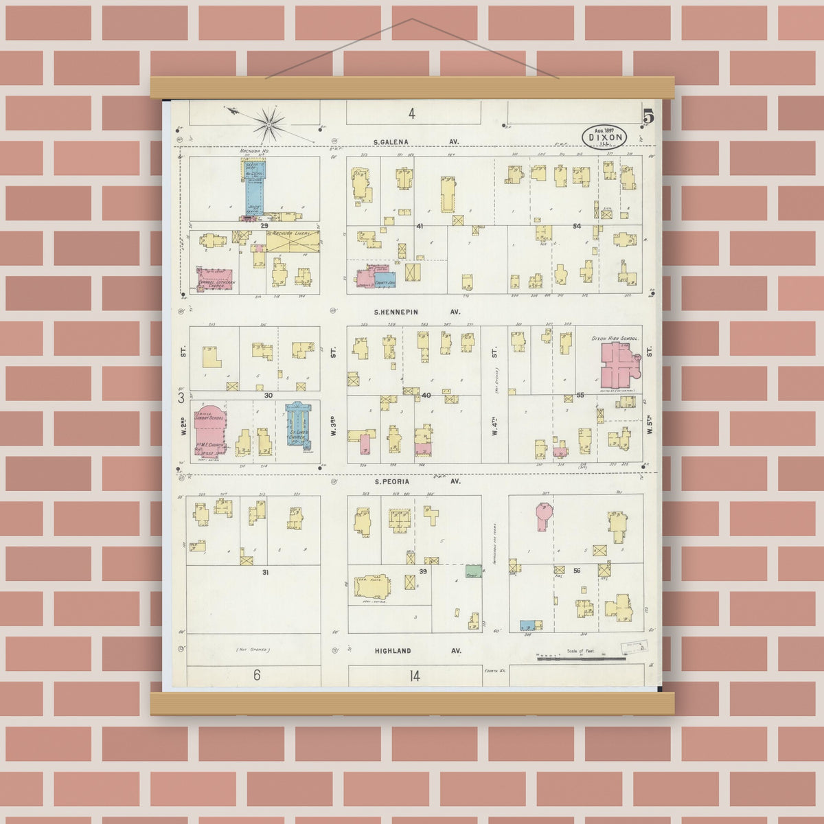 Old map wall art mockup — magnetic wood frame on brick wall — Sanborn Fire Insurance Map from Dixon, Lee County, Illinois (1897), Sheet #0005