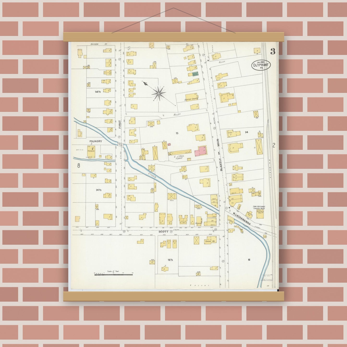 Old map wall art mockup — magnetic wood frame on brick wall — Sanborn Fire Insurance Map from Olyphant, Lackawanna County, Pennsylvania (1903), Sheet #0003