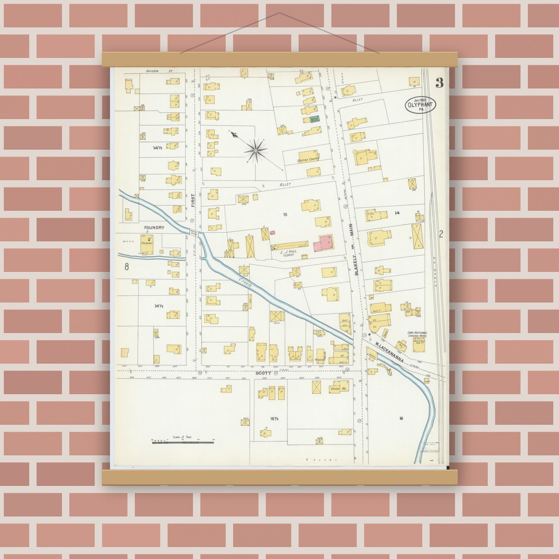Old map wall art mockup — magnetic wood frame on brick wall — Sanborn Fire Insurance Map from Olyphant, Lackawanna County, Pennsylvania (1903), Sheet #0003