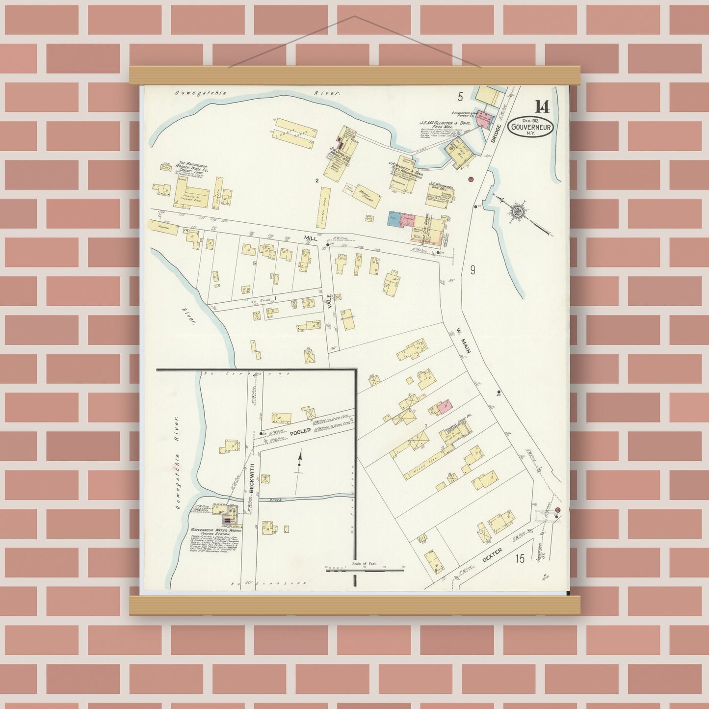 Old map wall art mockup — magnetic wood frame on brick wall — Sanborn Fire Insurance Map from Gouverneur, Saint Lawrence County, New York (1912), Sheet #0014