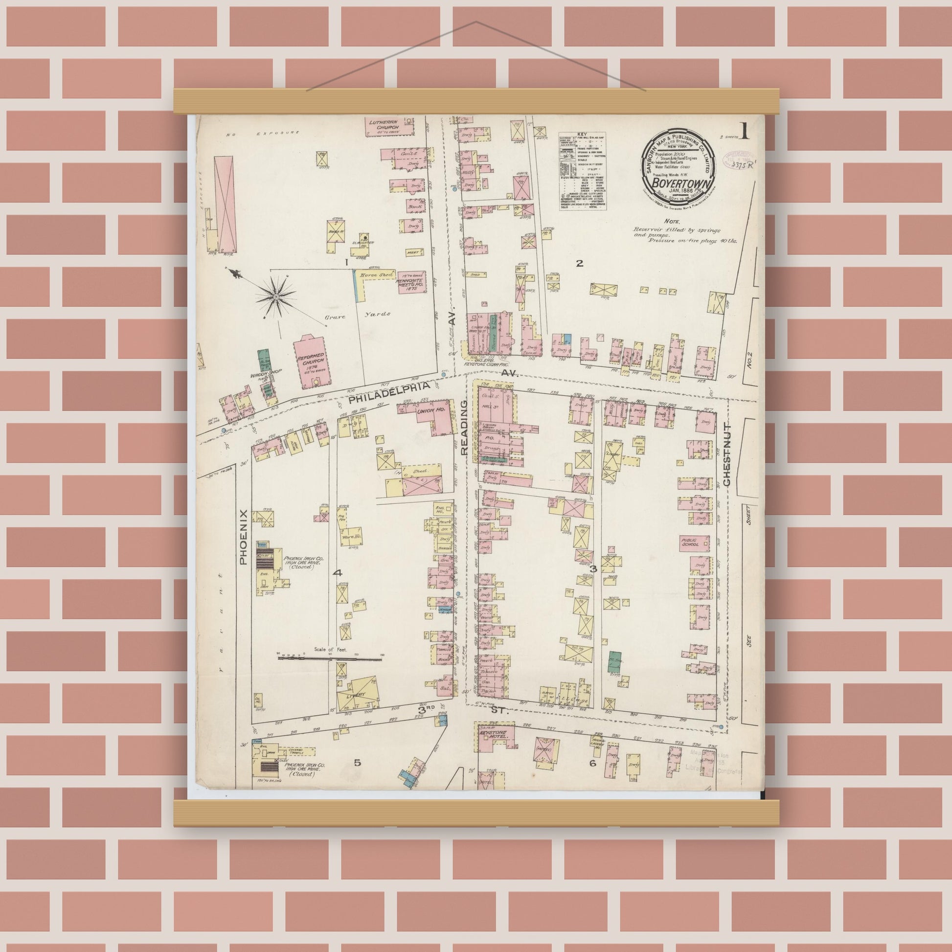 Old map wall art mockup — magnetic wood frame on brick wall — Sanborn Fire Insurance Map from Boyertown, Berks County, Pennsylvania (1886), Sheet #0001