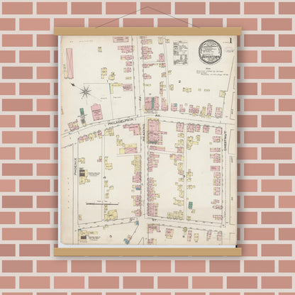 Old map wall art mockup — magnetic wood frame on brick wall — Sanborn Fire Insurance Map from Boyertown, Berks County, Pennsylvania (1886), Sheet #0001
