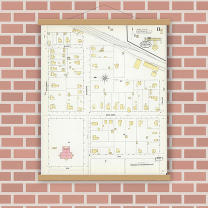 Old map wall art mockup — magnetic wood frame on brick wall — Sanborn Fire Insurance Map from Denton, Denton County, Texas (1901), Sheet #0008
