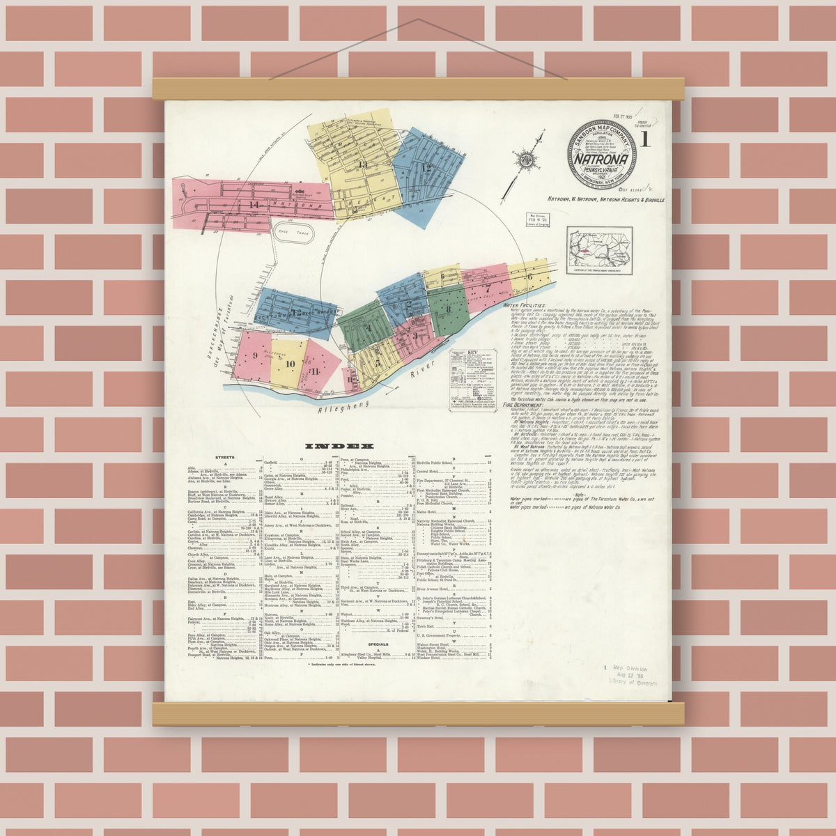 Old map wall art mockup — magnetic wood frame on brick wall — Sanborn Fire Insurance Map from Natrona, Allegheny County, Pennsylvania (1921) - Complete Map Set