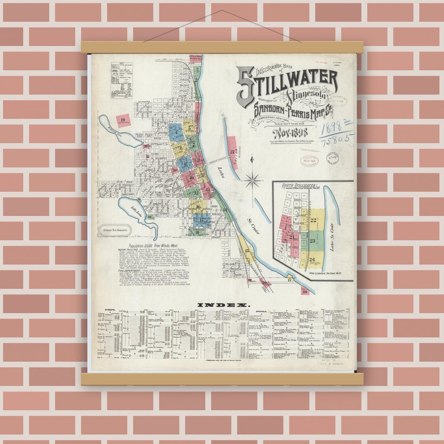 Old map wall art mockup — magnetic wood frame on brick wall — Sanborn Fire Insurance Map from Stillwater, Washington County, Minnesota (1898) - Complete Map Set