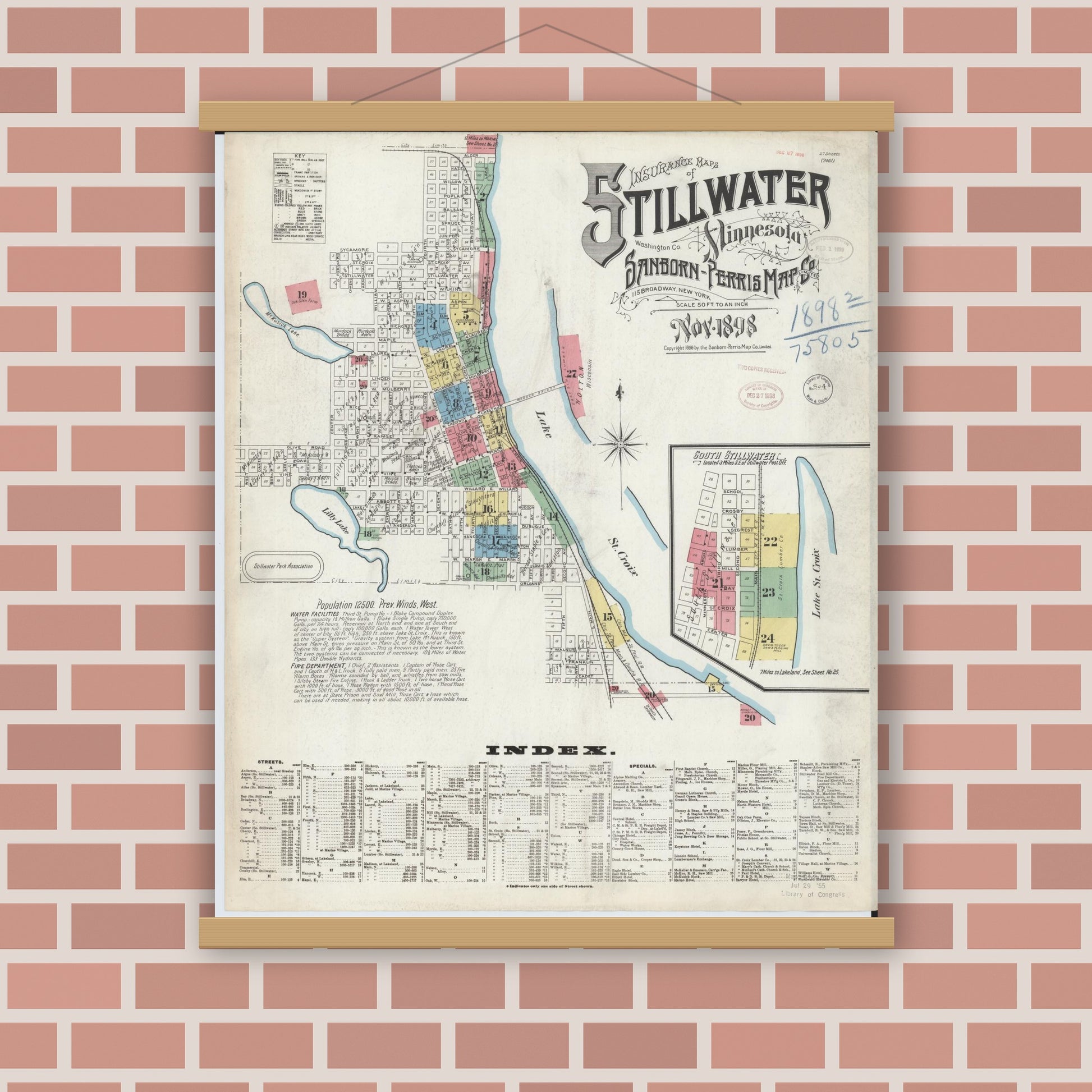 Old map wall art mockup — magnetic wood frame on brick wall — Sanborn Fire Insurance Map from Stillwater, Washington County, Minnesota (1898) - Complete Map Set