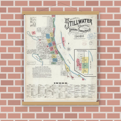 Old map wall art mockup — magnetic wood frame on brick wall — Sanborn Fire Insurance Map from Stillwater, Washington County, Minnesota (1898) - Complete Map Set