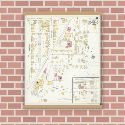 Old map wall art mockup — magnetic wood frame on brick wall — Sanborn Fire Insurance Map from Barnesville, Belmont County, Ohio (1908), Sheet #0006