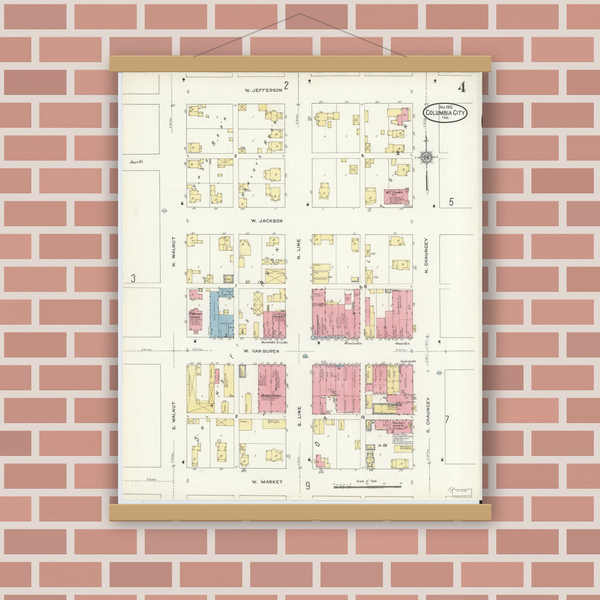 Old map wall art mockup — magnetic wood frame on brick wall — Sanborn Fire Insurance Map from Columbia City, Whitley County, Indiana (1910), Sheet #0004
