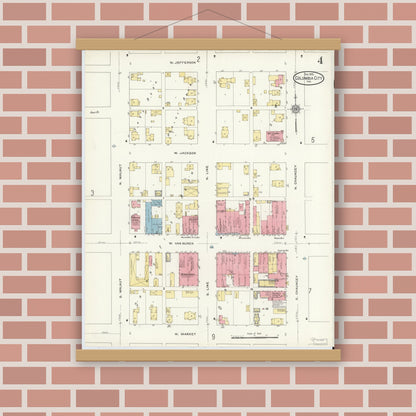 Old map wall art mockup — magnetic wood frame on brick wall — Sanborn Fire Insurance Map from Columbia City, Whitley County, Indiana (1910), Sheet #0004