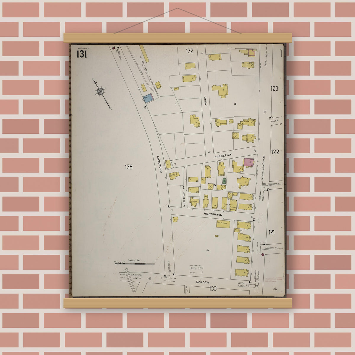 Old map wall art mockup — magnetic wood frame on brick wall — Sanborn Fire Insurance Map from Worcester, Worcester County, Massachusetts (1910), Sheet #0131