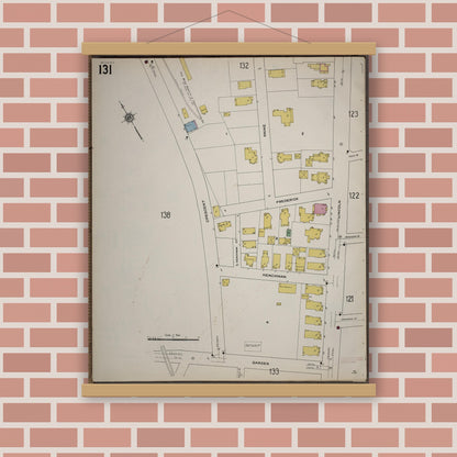Old map wall art mockup — magnetic wood frame on brick wall — Sanborn Fire Insurance Map from Worcester, Worcester County, Massachusetts (1910), Sheet #0131