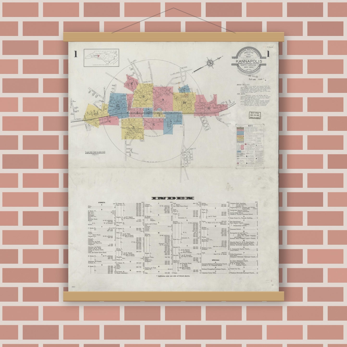 Old map wall art mockup — magnetic wood frame on brick wall — Sanborn Fire Insurance Map from Kannapolis, Rowan And Cabarrus Counties, North Carolina (1932), Sheet #0001