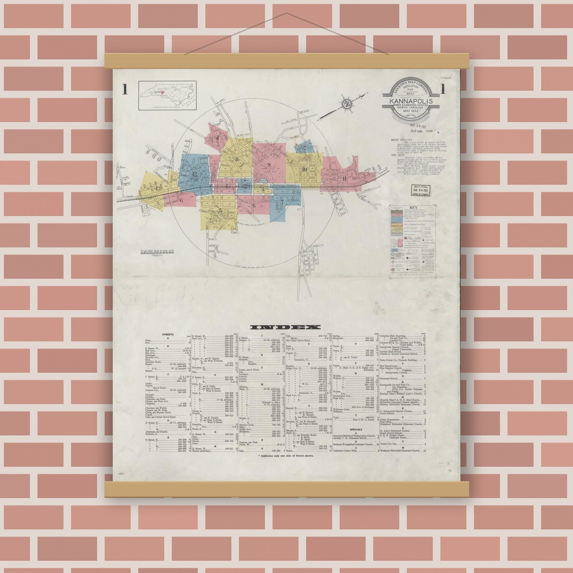 Old map wall art mockup — magnetic wood frame on brick wall — Sanborn Fire Insurance Map from Kannapolis, Rowan And Cabarrus Counties, North Carolina (1932), Sheet #0001
