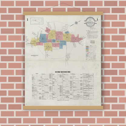 Old map wall art mockup — magnetic wood frame on brick wall — Sanborn Fire Insurance Map from Kannapolis, Rowan And Cabarrus Counties, North Carolina (1932), Sheet #0001
