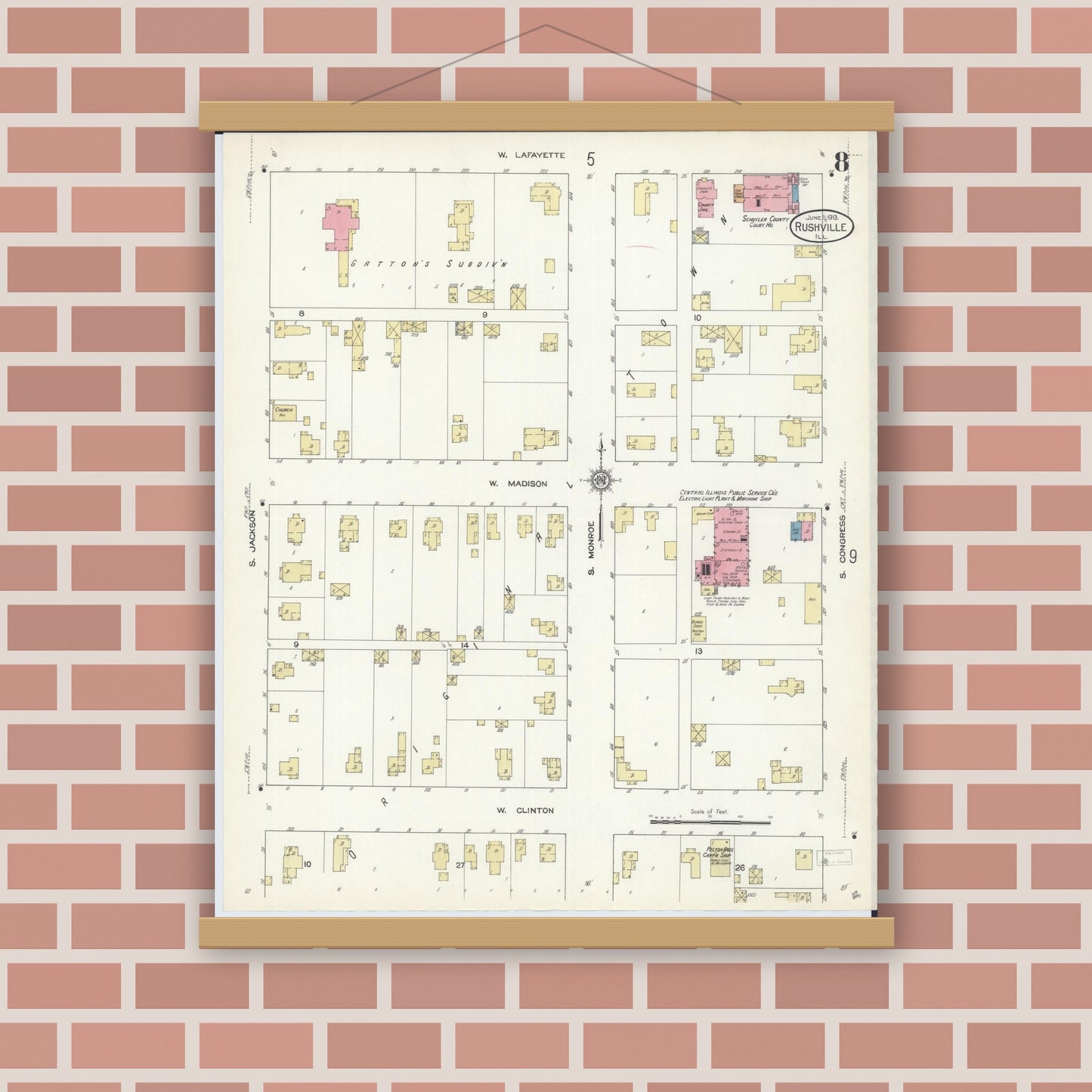 Old map wall art mockup — magnetic wood frame on brick wall — Sanborn Fire Insurance Map from Rushville, Schuyler County, Illinois (1913), Sheet #0008