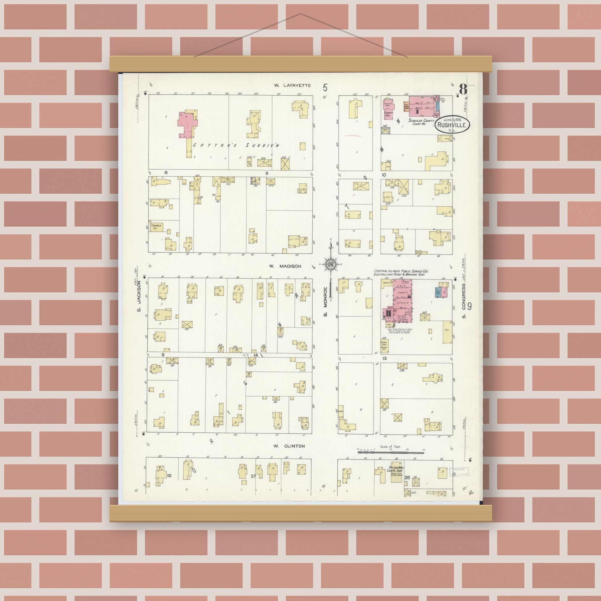 Old map wall art mockup — magnetic wood frame on brick wall — Sanborn Fire Insurance Map from Rushville, Schuyler County, Illinois (1913), Sheet #0008