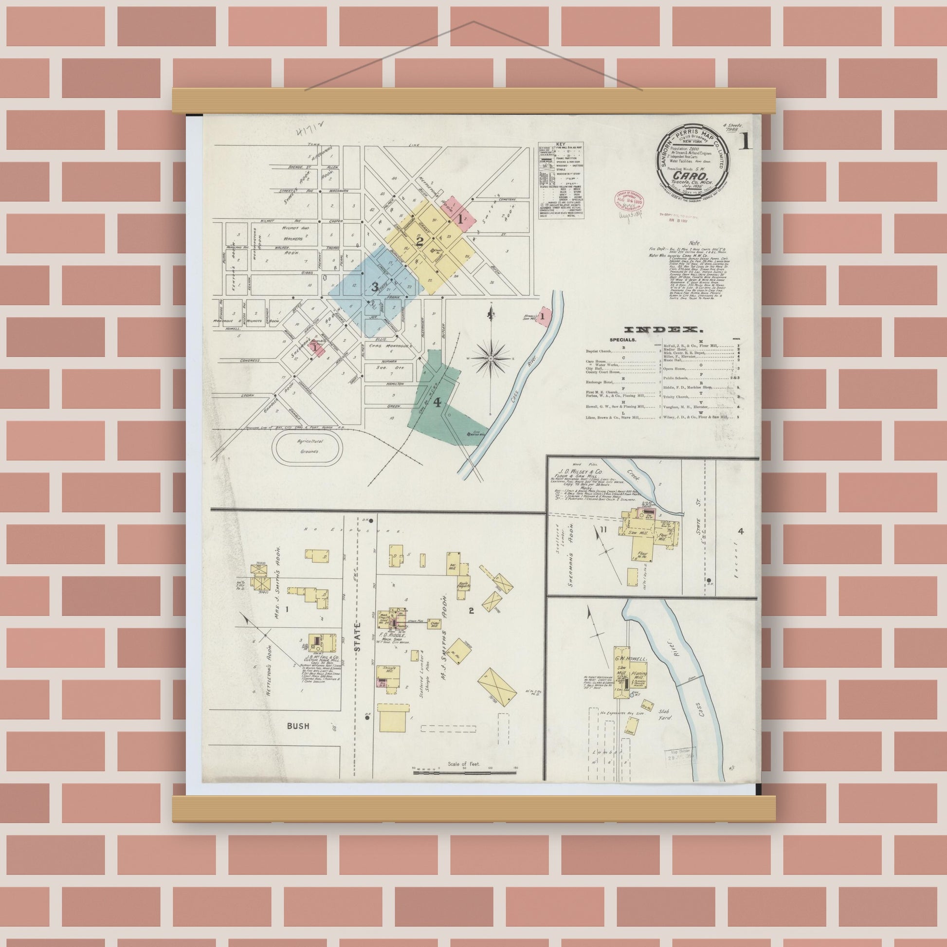Old map wall art mockup — magnetic wood frame on brick wall — Sanborn Fire Insurance Map from Caro, Tuscola County, Michigan (1895), Sheet #0001