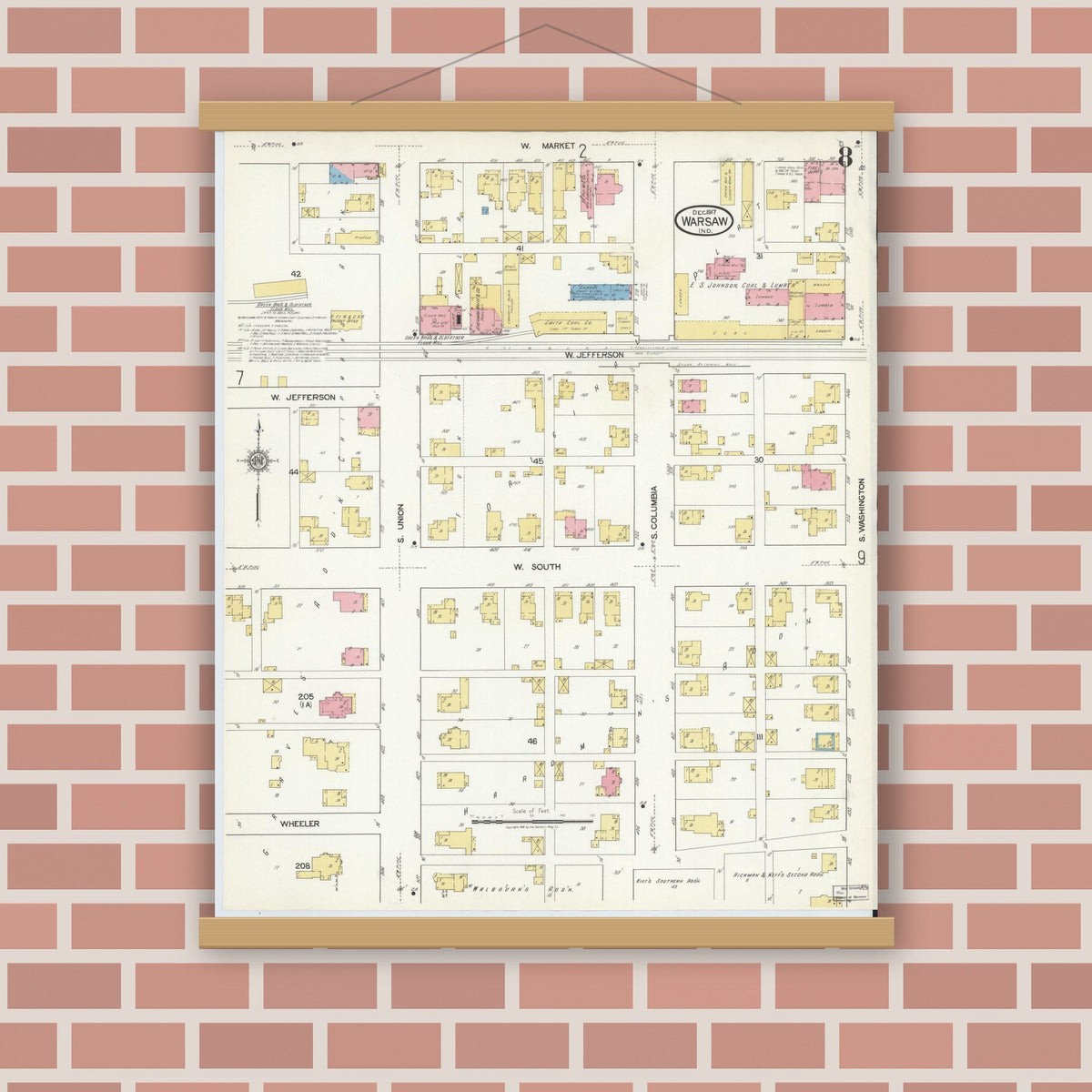 Old map wall art mockup — magnetic wood frame on brick wall — Sanborn Fire Insurance Map from Warsaw, Kosciusko County, Indiana (1917), Sheet #0008