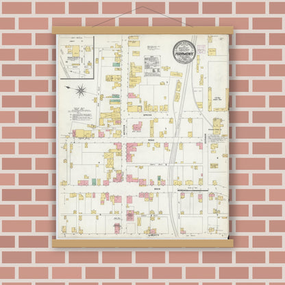 Old map wall art mockup — magnetic wood frame on brick wall — Sanborn Fire Insurance Map from Harmony, Butler County, Pennsylvania (1906), Sheet #0001