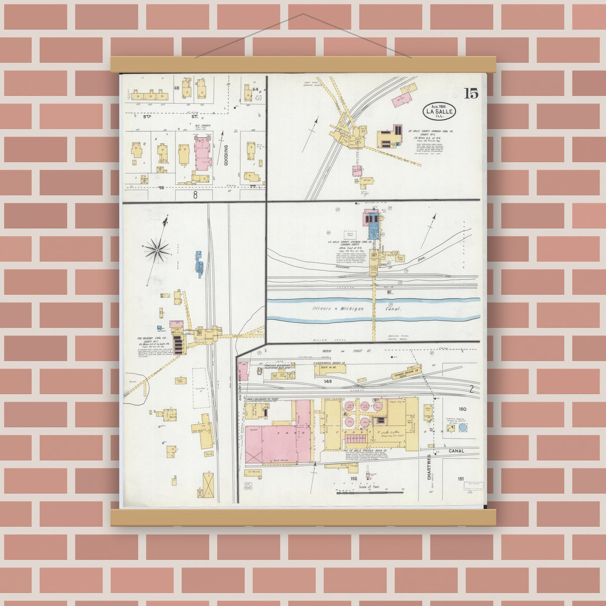 Old map wall art mockup — magnetic wood frame on brick wall — Sanborn Fire Insurance Map from La Salle, La Salle County, Illinois (1906), Sheet #0015