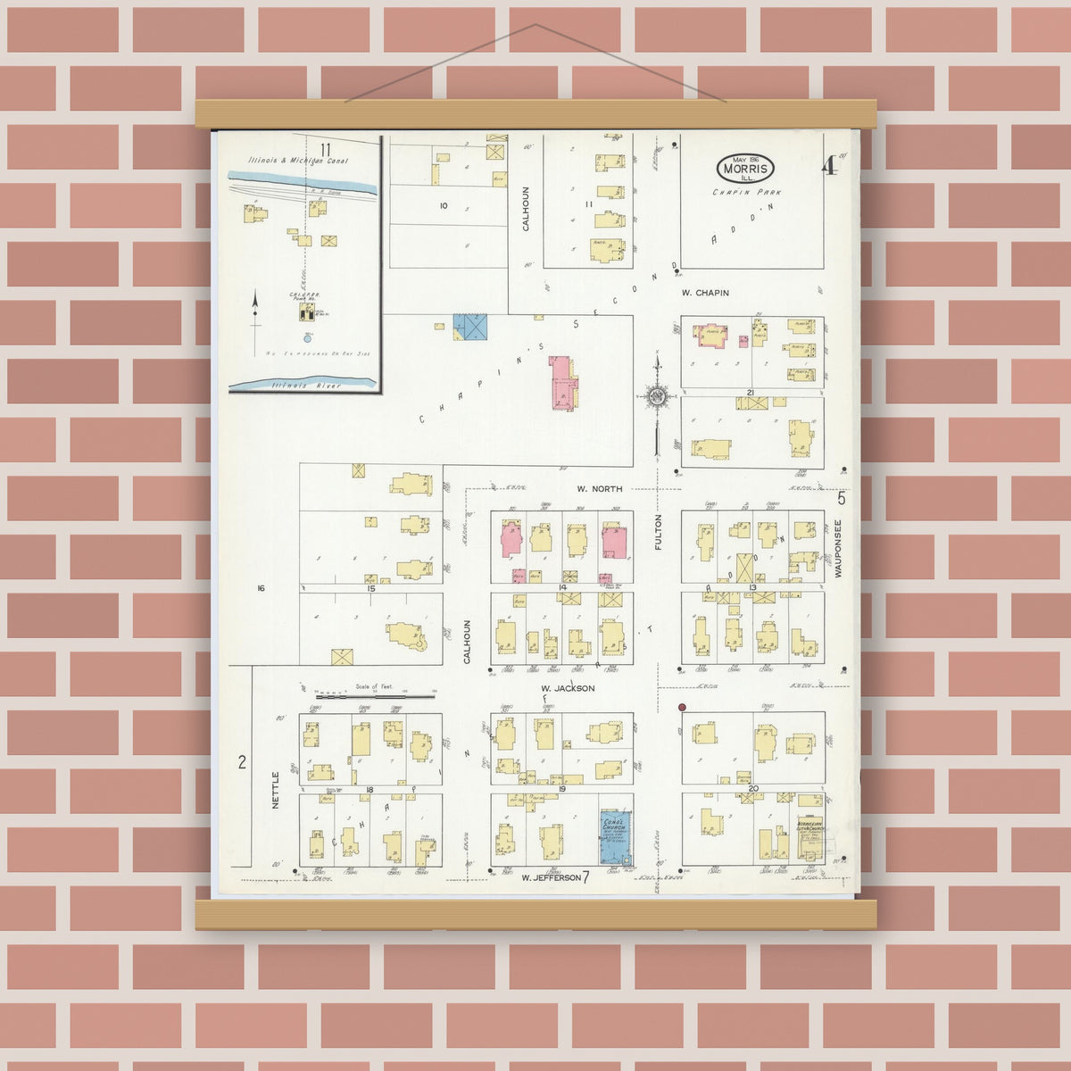 Old map wall art mockup — magnetic wood frame on brick wall — Sanborn Fire Insurance Map from Morris, Grundy County, Illinois (1916), Sheet #0004
