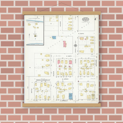 Old map wall art mockup — magnetic wood frame on brick wall — Sanborn Fire Insurance Map from Morris, Grundy County, Illinois (1916), Sheet #0004