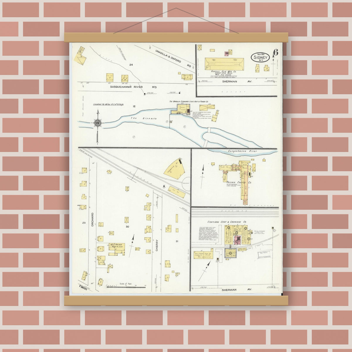 Old map wall art mockup — magnetic wood frame on brick wall — Sanborn Fire Insurance Map from Sidney, Delaware County, New York (1910), Sheet #0006