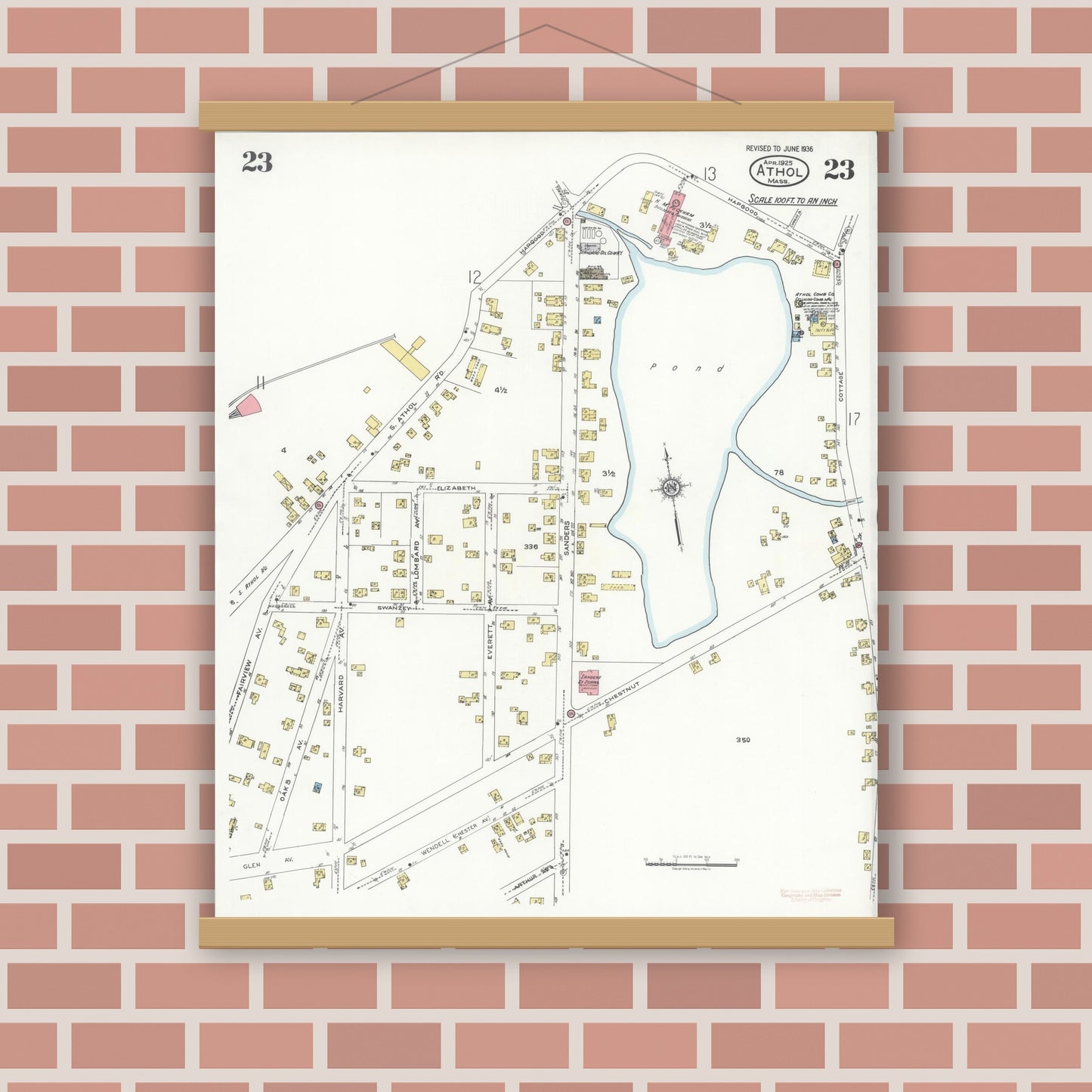 Old map wall art mockup — magnetic wood frame on brick wall — Sanborn Fire Insurance Map from Athol, Worcester County, Massachusetts (1936), Sheet #0023