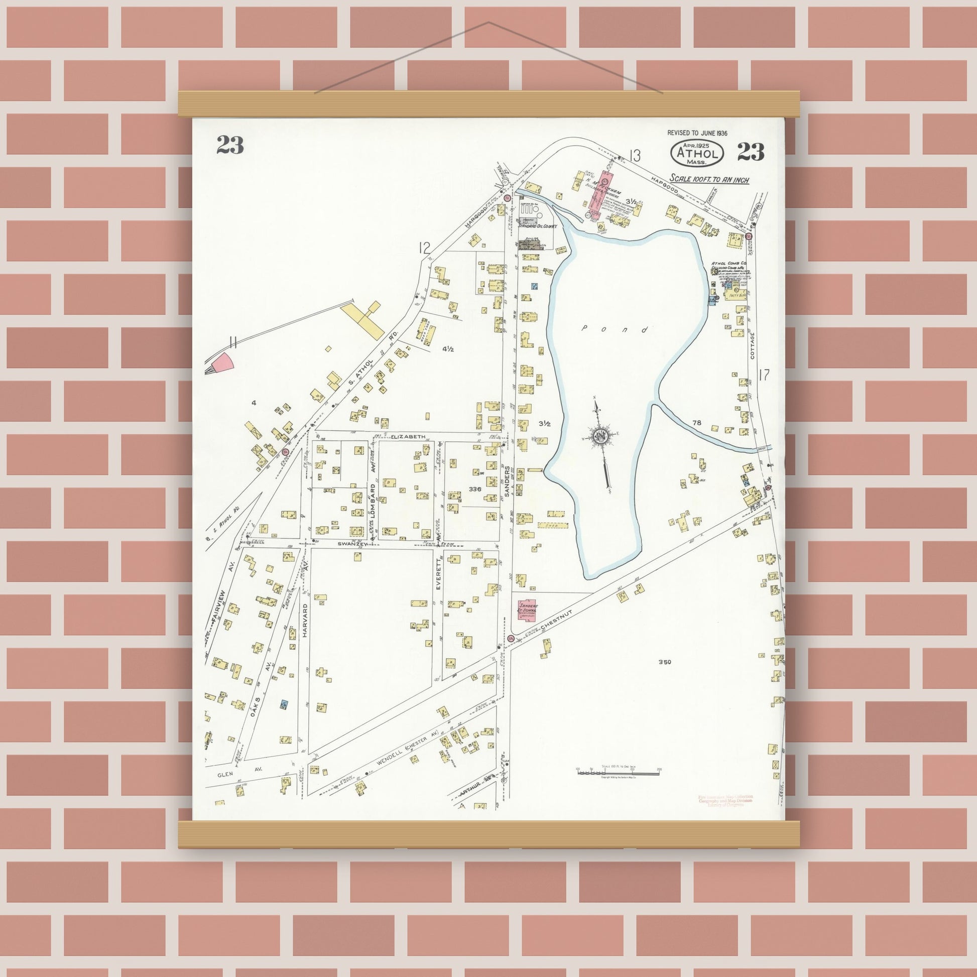 Old map wall art mockup — magnetic wood frame on brick wall — Sanborn Fire Insurance Map from Athol, Worcester County, Massachusetts (1936), Sheet #0023