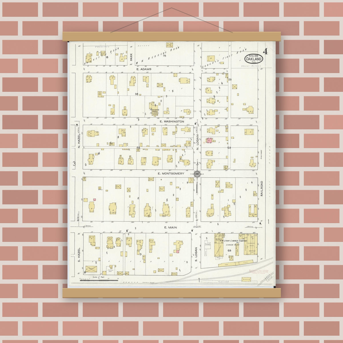 Old map wall art mockup — magnetic wood frame on brick wall — Sanborn Fire Insurance Map from Oakland, Coles County, Illinois (1916), Sheet #0004