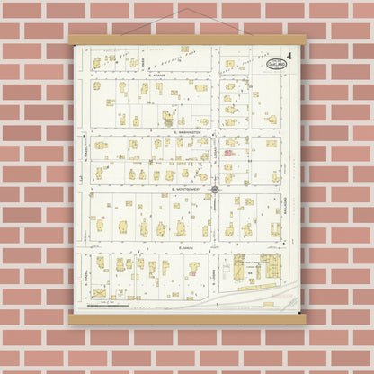 Old map wall art mockup — magnetic wood frame on brick wall — Sanborn Fire Insurance Map from Oakland, Coles County, Illinois (1916), Sheet #0004