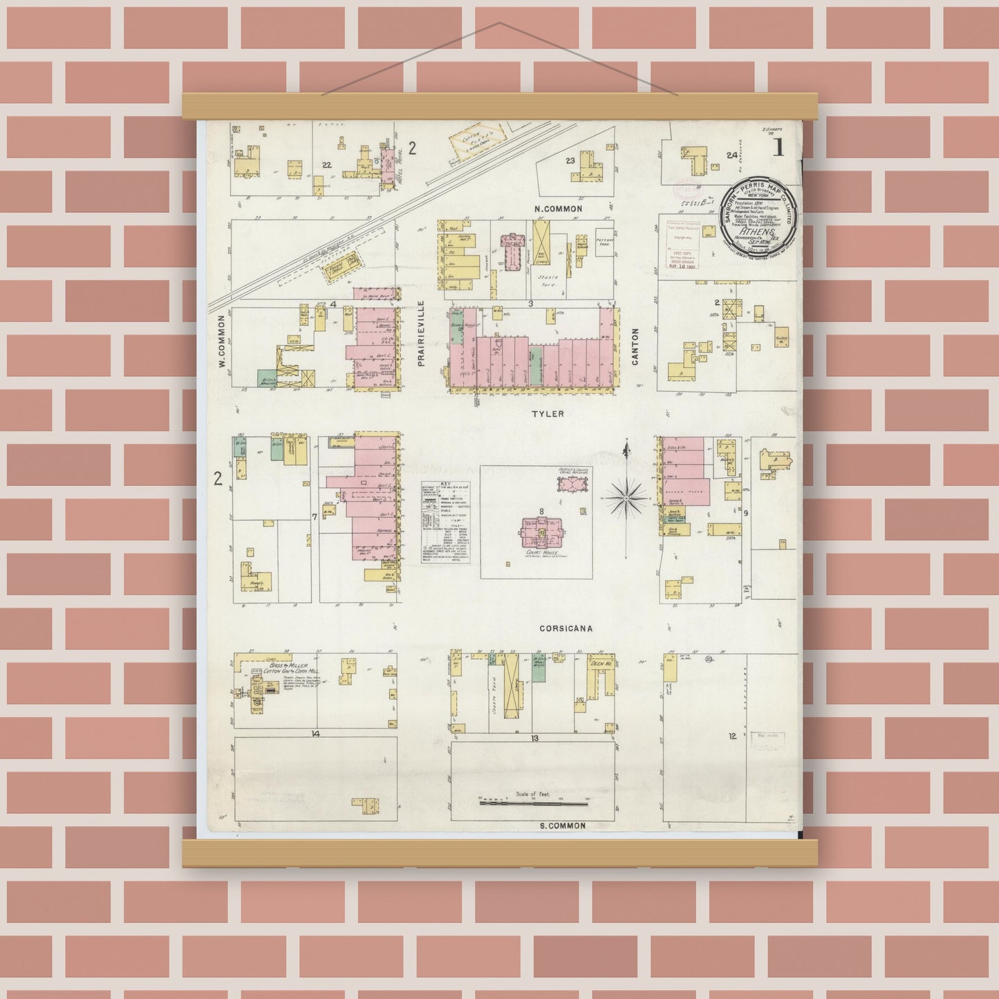 Old map wall art mockup — magnetic wood frame on brick wall — Sanborn Fire Insurance Map from Athens, Henderson County, Texas (1896) - Complete Map Set
