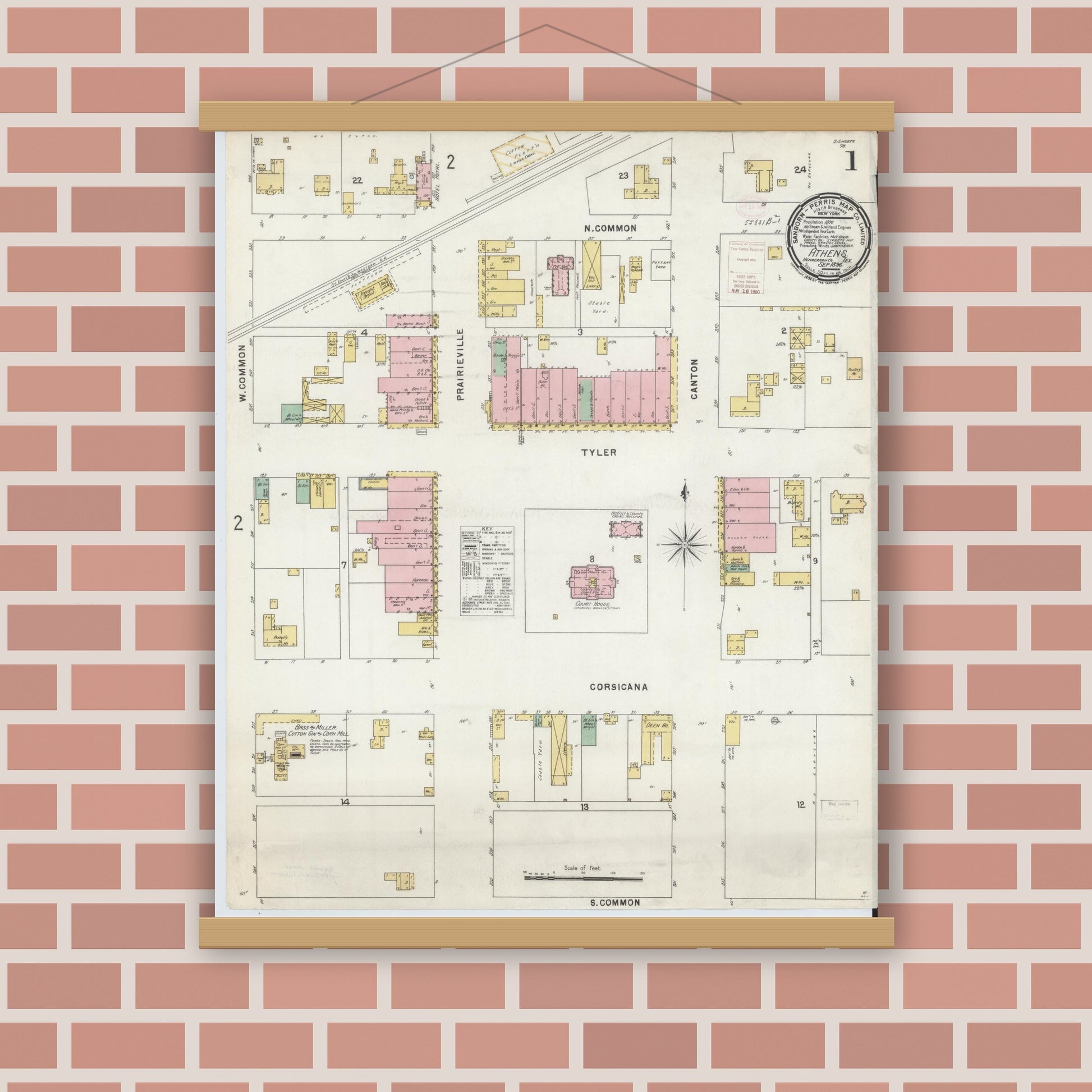 Old map wall art mockup — magnetic wood frame on brick wall — Sanborn Fire Insurance Map from Athens, Henderson County, Texas (1896) - Complete Map Set
