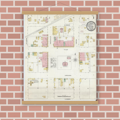 Old map wall art mockup — magnetic wood frame on brick wall — Sanborn Fire Insurance Map from Athens, Henderson County, Texas (1896) - Complete Map Set