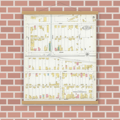 Old map wall art mockup — magnetic wood frame on brick wall — Sanborn Fire Insurance Map from Williamsburg, Blair County, Pennsylvania (1904), Sheet #0003