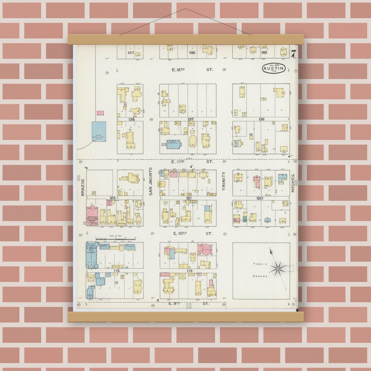 Old map wall art mockup — magnetic wood frame on brick wall — Sanborn Fire Insurance Map from Austin, Travis County, Texas (1894), Sheet #0007